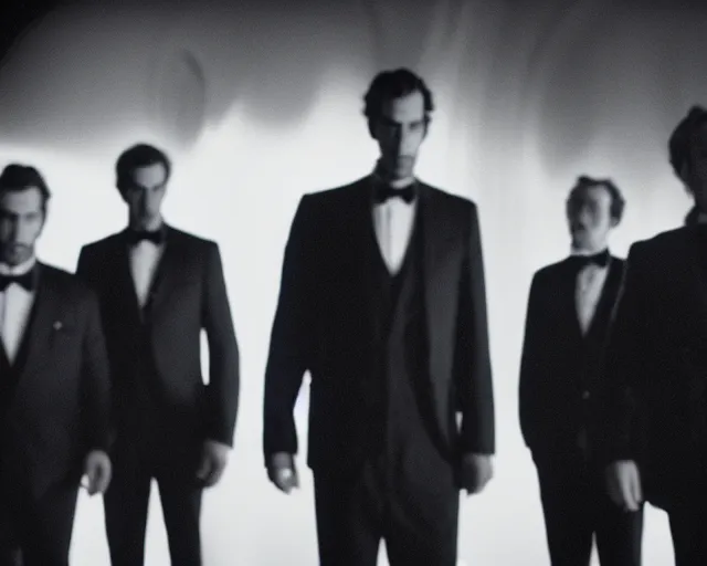 Prompt: 1 3 mm film, liminal, unsettling, group of tall men in suits, thunderstorm