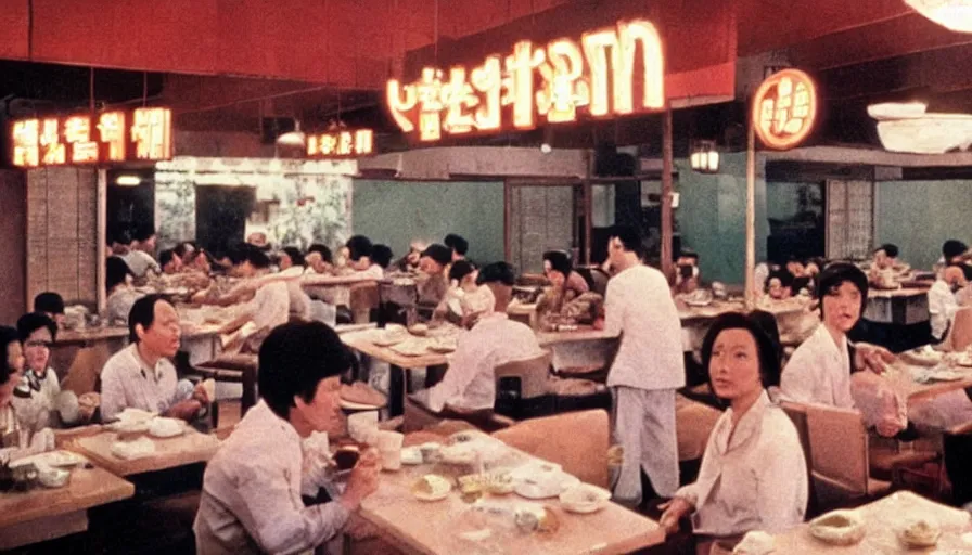 Image similar to 70s movie still of north korean restaurant, eastmancolor, heavy grain, high quality, higly detailed, liminal space