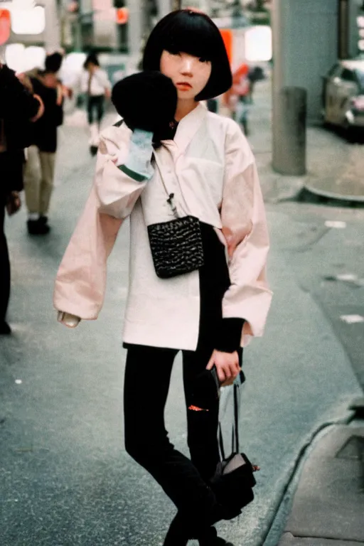 Prompt: a street fashion photograph of a young japanese woman in 9 0 s fashion, in tokyo shinjuku, shot on cinestill 5 0 d with a canon 3 5 mm at f / 5. 6 lens, print magazine, photorealistic, nineties nostalgia, 4 k