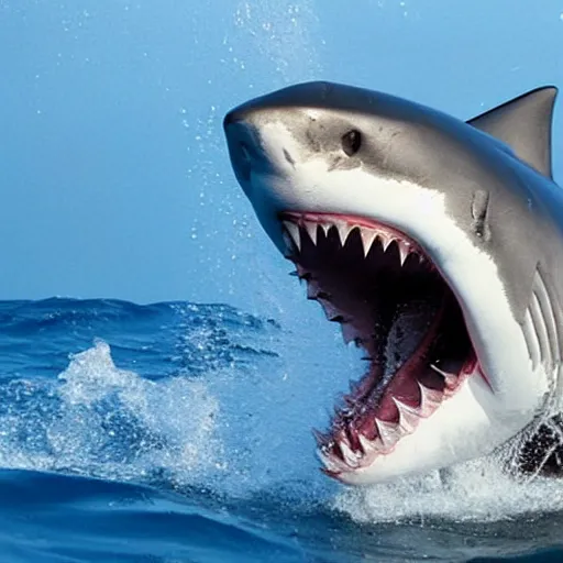 Prompt: Great white shark brushing its teeth