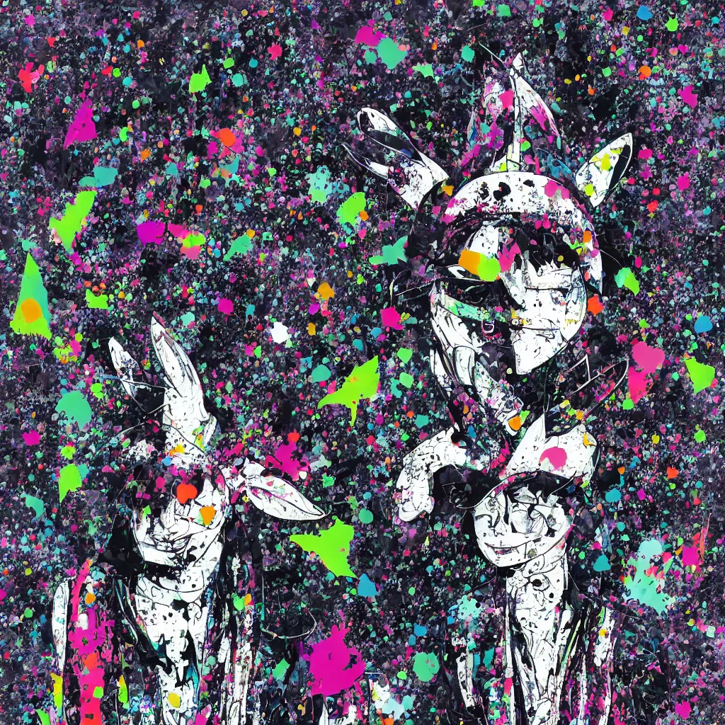 Image similar to person wearing bunny ear hat, abstract, jet set radio artwork, ryuta ueda artwork, cryptic, rips, spots, asymmetry, stipple, lines, glitches, color tearing, pitch bending, stripes, dark, ominous, eerie, hearts, minimal, points, technical, natsumi mukai artwrok, folds