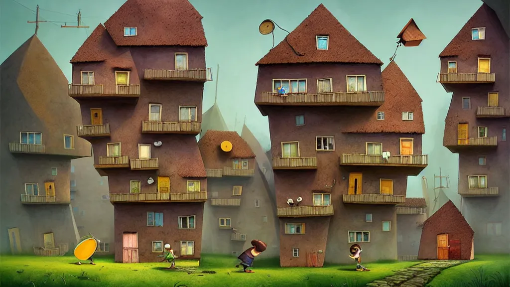 Image similar to illustration cartoon el chavo del ocho cute low - income housing complex village, funny gediminas pranckevicius by roberto gomez bolanos