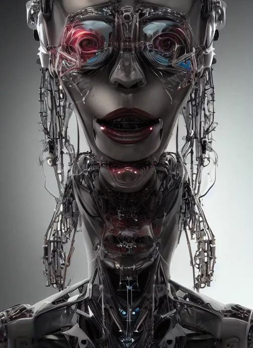 Prompt: a biomechanical humanoid woman with prety face, a most beautifull form of chaos by a brutalist designed, cyberpunk, 8 k,