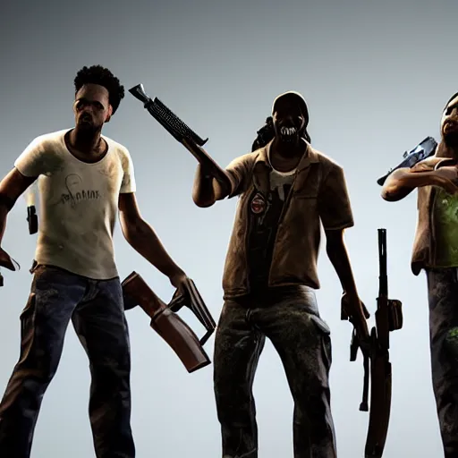 Prompt: photo of left 4 dead team holding weapons and ready for a fight, unreal engine high resolution detailed 8 k
