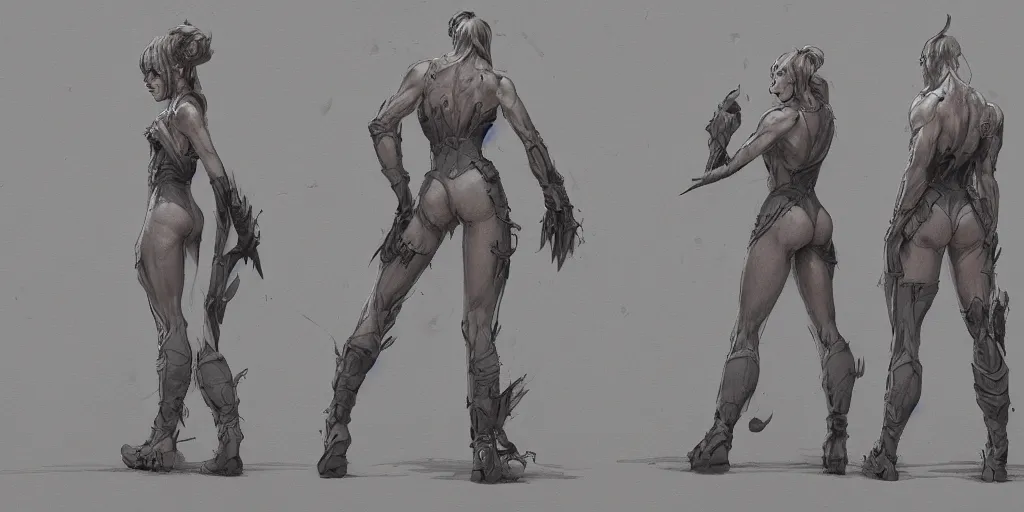 Prompt: character rear view detail designs, Milo Manara, Greg Rutkowski, character sheet, Darek Zabrocki, Karlkka, Jayison Devadas, Phuoc Quan, trending on Artstation, 8K, ultra wide angle, pincushion lens effect