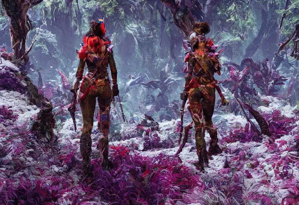 Image similar to explorer woman walking in animal fur armour, walking in a dense alien snow covered jungle with colourful red, blue and purple plants, large vines, mossy organic rock structures, in the style of monster hunter world, like concept art on artstation, hyperdetailed, vray render, octane render,