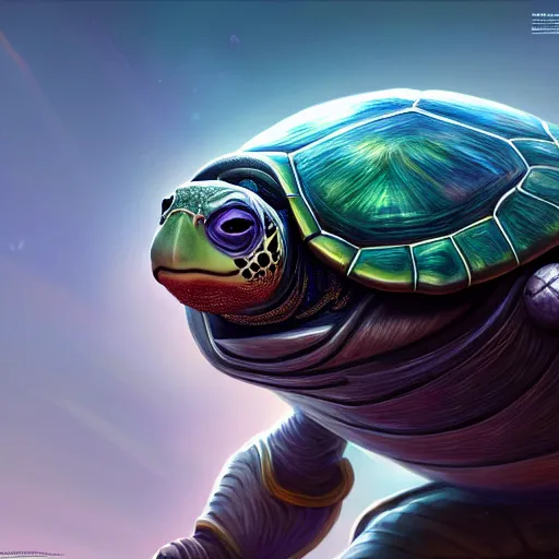 Image similar to humanoid turtle, sci - fi, utopian, pixar splash art, wlop, intricately detailed, highly detailed, trending on artstation, 4 k, wallpaper - 1 0 2 4