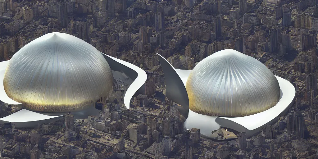 Prompt: mosque floating spaceship by zaha hadid, gold dome fantasy world