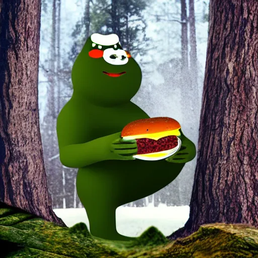 Image similar to anthropomorphic 3D yeti eating cheeseburger in forest