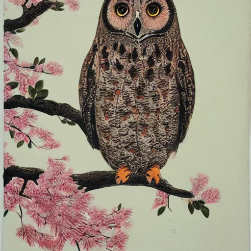 Prompt: owl in cherry blossom tree, color lithograph, museum catalog photograph