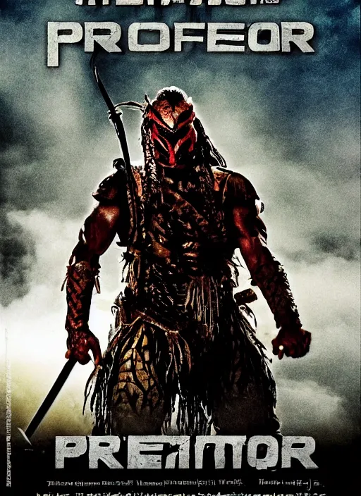 Image similar to movie poster for predator film shot in feudal japan staring hiroyuki sanada as a disgraced ronin who hunts down the predator after he fails to protect his master from it. in the style of al kallis, reynold brown, h. r. geiger.