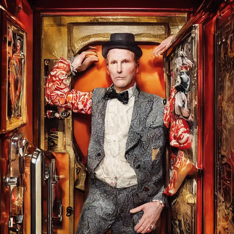 Image similar to vogue photoshoot octane render portrait by wayne barlow and carlo crivelli and glenn fabry, a handsome eccentric man in a bright colorful patterned pastel wes anderson elevator operator costume inside a dark and moody vintage elevator in a high - end exotic vintage boutique hotel, very short depth of field, bokeh