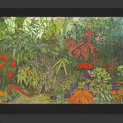 Image similar to jungle scene, leaves, vines, flowers, intricate details, volumetric lighting, vivid colors, panorama, Artwork by Elsa Beskow