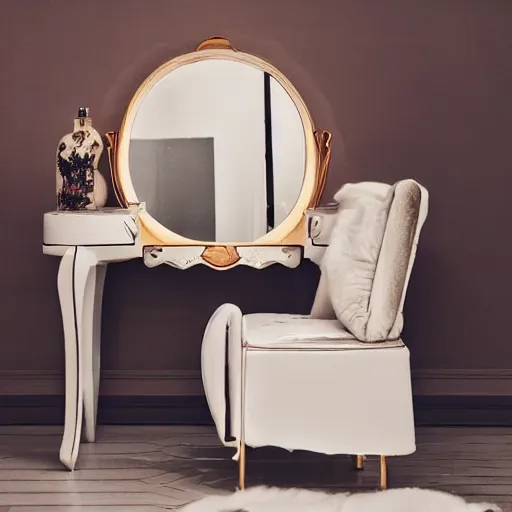 Image similar to a beautiful woman sitting at a vanity in front of a cracked mirror, beautiful face, fashion photography, elegant furniture, cracked mirror, cracks