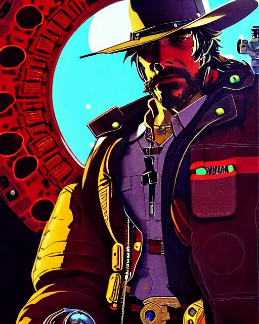 Prompt: mccree from overwatch, cyber space cowboy, outter space, character portrait, portrait, close up, concept art, intricate details, highly detailed, vintage sci - fi poster, retro future, vintage sci - fi art, in the style of chris foss, rodger dean, moebius, michael whelan, and gustave dore