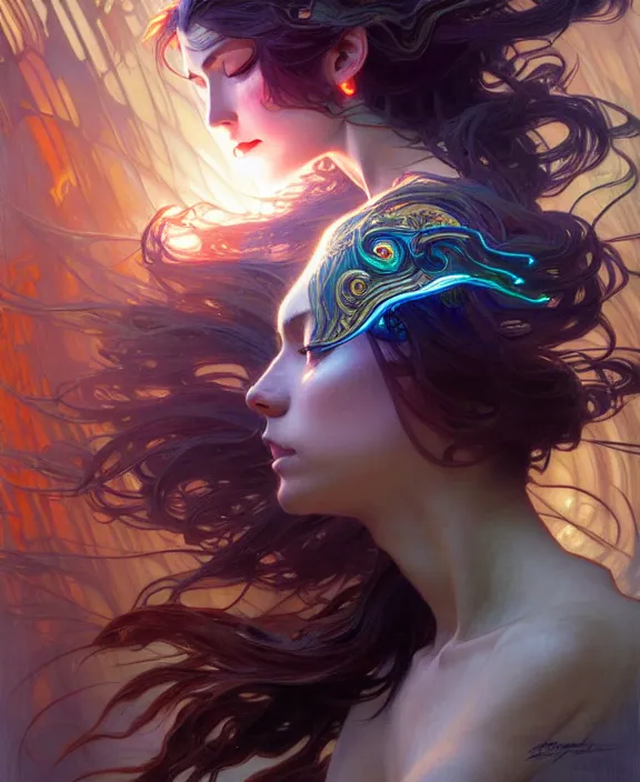 Image similar to a whirlwind of souls ushing inside the metaverse, half body, glowin eyes, d d, fantasy, intricate, elegant, highly detailed, colorful, vivid color, digital painting, artstation, concept art, art by artgerm and greg rutkowski and alphonse mucha and ruan jia