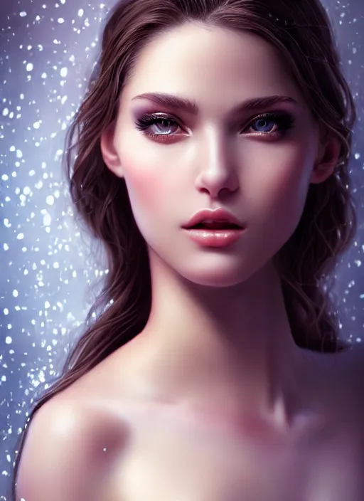 Image similar to a gorgeous female photo, professionally retouched, soft lighting, realistic, smooth face, full body shot, torso, dress, perfect eyes, wide angle, sharp focus on eyes, 8 k high definition, insanely detailed, intricate, elegant, art by marc hill and artgerm, snowy winter