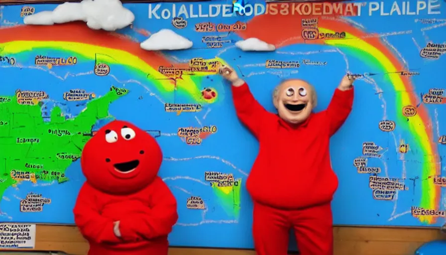 Image similar to kool - aid man as a weather man in front of a weather map