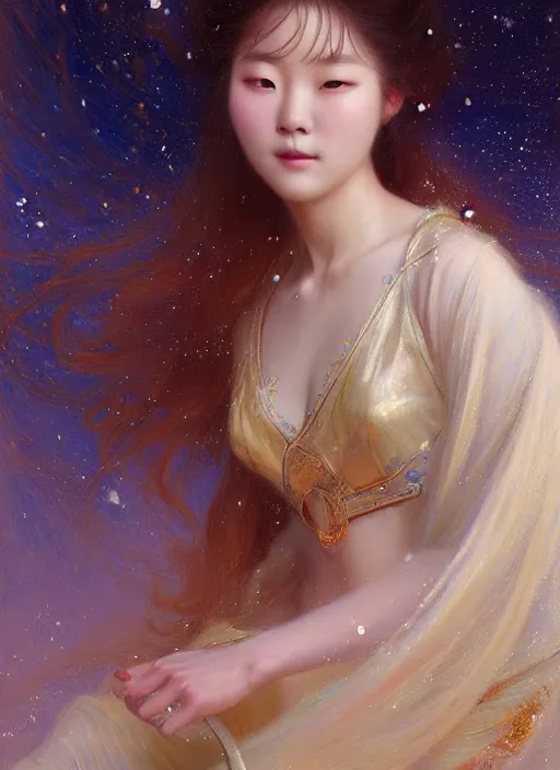 Prompt: young korean woman, goddess of starlight, long flowing hair, modest flowing gown, smug expression, highly detailed painting by gaston bussiere, craig mullins, j. c. leyendecker 8 k, sparkling nebula