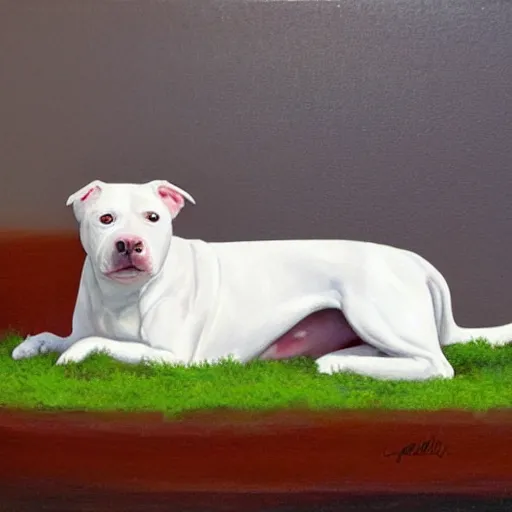 Image similar to painting of a white pitbull on a bed of parsley with a parsley garnish on top, highly detailed