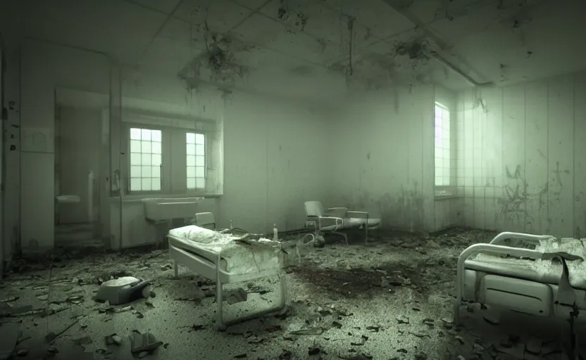 Prompt: an abandoned hospital room, gloomy and foggy atmosphere, octane render, artstation trending, horror scene, highly detailded