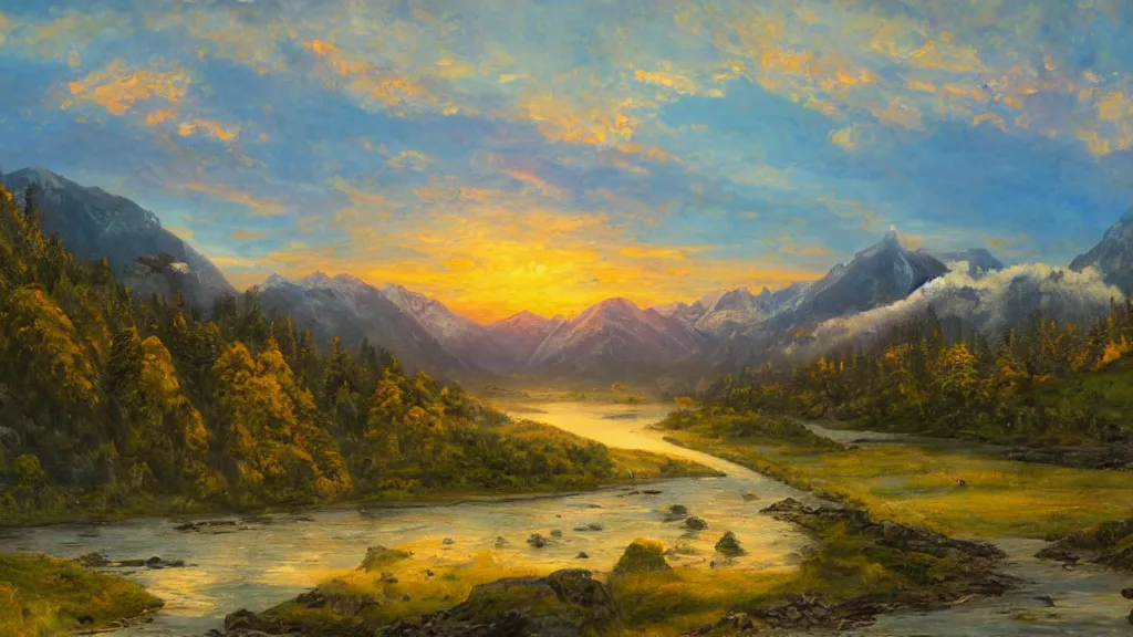Image similar to The most beautiful panoramic landscape, oil painting, where the mountains are towering over the valley below their peaks shrouded in mist. An enormous flock of birds is coming, The sun is just peeking over the horizon producing an awesome flare and the sky is ablaze with warm colors and stratus clouds. The river is winding its way through the valley and the trees are starting to turn yellow and red, by Greg Rutkowski, aerial view