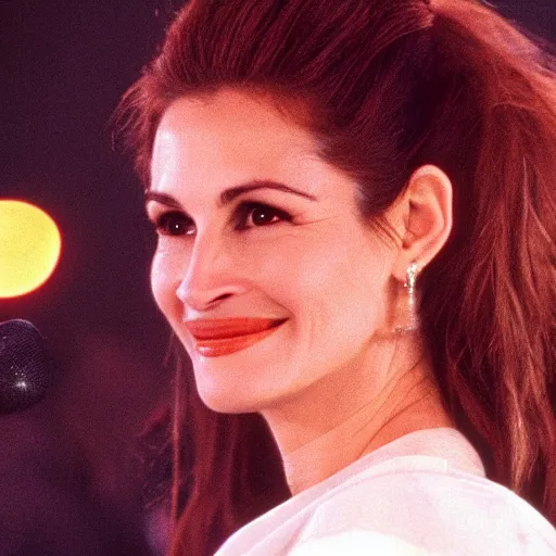 Image similar to Julia Roberts as Selena singing!! on a stage, 1995 movie, cinematic, beautiful!!!, elegant, symmetrical!! face