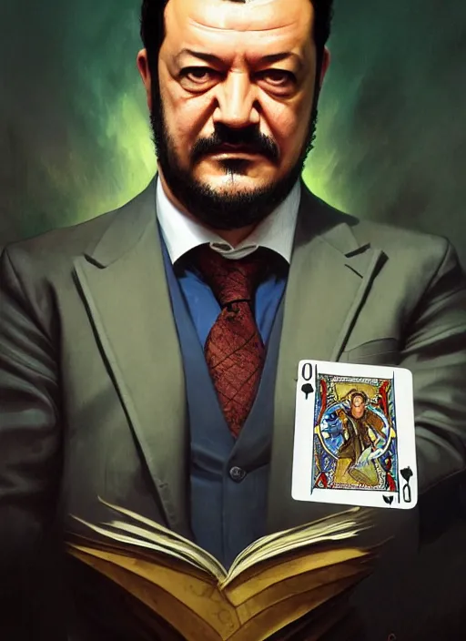 Image similar to matteo salvini, wearing a suit, tarot card, deep focus, d & d, fantasy, intricate, elegant, highly detailed, digital painting, artstation, concept art, matte, sharp focus, italian flag, illustration, hearthstone, art by artgerm and greg rutkowski and alphonse mucha