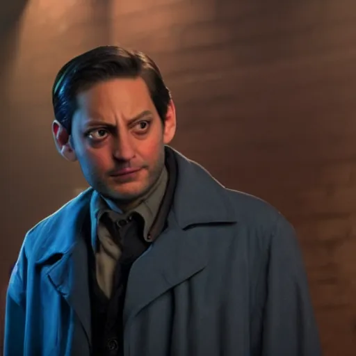 Image similar to tobey maguire as a rough dirty old man with a scruffy beard in a dark blue trenchcoat as the new doctor who, cinematic, volumetric lighting, f 8 aperture, cinematic eastman 5 3 8 4 film, photorealistic