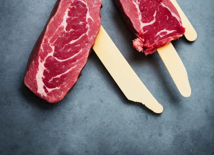 Prompt: dslr food photograph of frozen raw steak popsicle, 8 5 mm f 1. 8