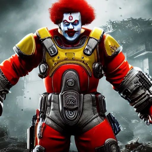 Image similar to ronald mcdonald clown in gears of war, cinematic shot, hyperdetailed