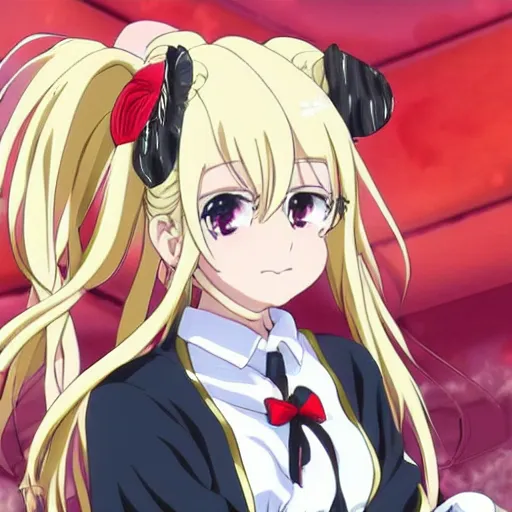 Prompt: key anime visual of a tsundere with blonde hair and twintails; official media
