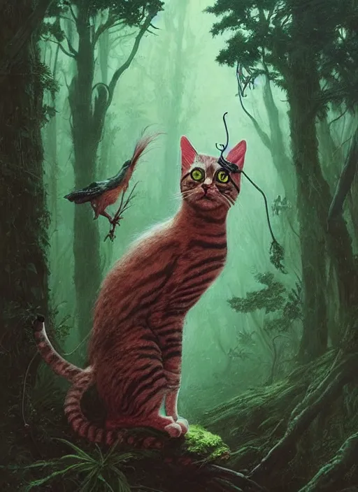 Image similar to a hyper realistic cat witch bird creature in the woods gorgeous lighting, lush forest foliage painting by chiara bautista and beksinski and norman rockwell and greg rutkowski weta studio, and lucasfilm