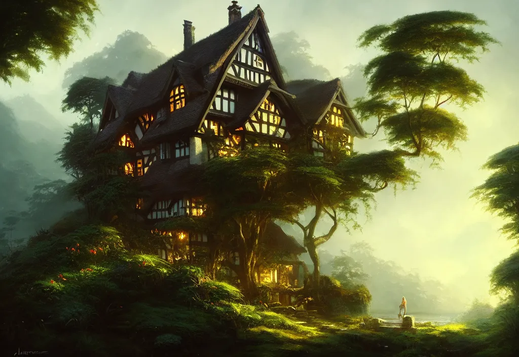 Image similar to one small tudor house on a hillside surrounded by jungle with a pond, blue sky, cinematic view, detailed architecture, concept art, high detail, well lit, volumetric, godrays, vivid, trending on artstation, by jordan grimmer, art greg rutkowski