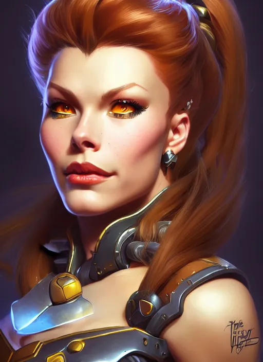 Image similar to lovely brigitte from overwatch, fantasy, fantasy art, character portrait, portrait, close up, highly detailed, scifi art, intricate detail, amazing detail, sharp focus, vintage fantasy art, vintage sci - fi art, radiant light, trending on artstation, caustics, by boris vallejo