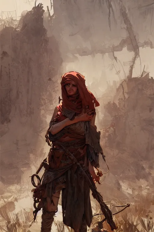 Image similar to a full body portrait of a beautiful post apocalyptic offworld farmers district bedouin blind pulp fiction scarlet wild rogue barbarian leper begging by the roadside, intricate, elegant, highly detailed, digital painting, artstation, concept art, smooth, sharp focus, illustration, art by krenz cushart and artem demura and alphonse mucha