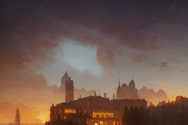 Image similar to a beautiful oil painting of a renaissance city in a serene landscape at night under the horizon line in the upper third by john howe and albert bierstadt and alena aenami and dan mumford and dave noton, unreal engine, trending on behance