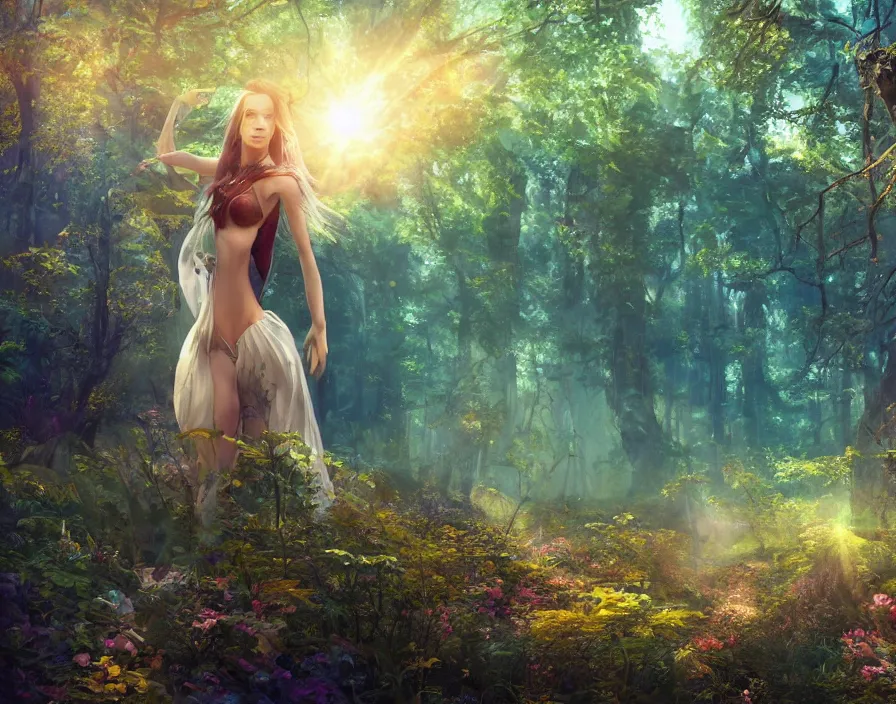 Prompt: traveling woman in magical forest, beautiful sky and sun shine, fantasy artwork, very beautiful scenery, hd, hdr, ue 5, ue 6, unreal engine 5, cinematic 4 k wallpaper, 8 k, ultra detailed, by popular digital, details, beautiful image ever created, high resolution, artstation, award winning, detailed body, details face, realistic body proportions