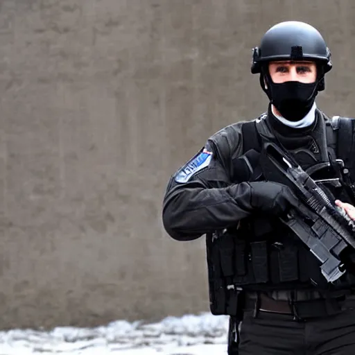 Image similar to emmanuel macron wearing a fbi swat sas police gign tactical suit wearing a fbi swat sas police gign tactical suit