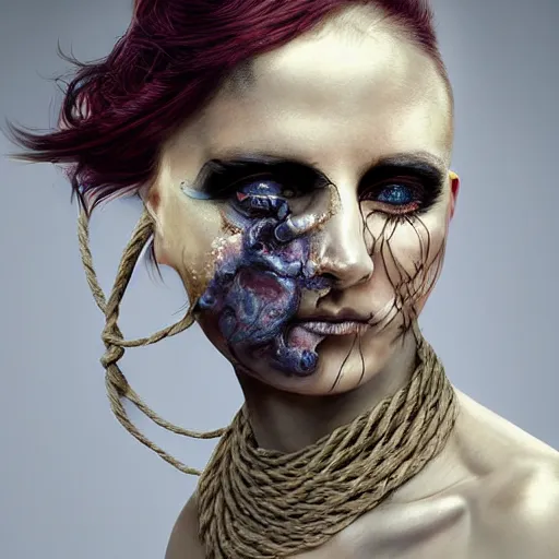 Image similar to portrait of a Shibari rope wrapped face and neck, headshot, insanely nice professional hair style, dramatic hair color, digital painting, of a old 18th century, tourist, wrap around eye patch, amber jewels, baroque, ornate clothing, scifi, realistic, hyper detailed, child, chiaroscuro, concept art, art by Franz Hals and Jon Foster and Ayami Kojima and Amano and Karol Bak,