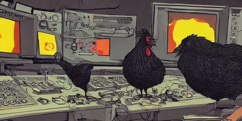 Image similar to 'black chicken'!!! smoking 'cannabis'!!!!!! in front of 'audio console'!!!! and 'multi monitors'!!!! 'in a hi-tech tv broadcasting studio'!!!!, artwork by James Gilleard