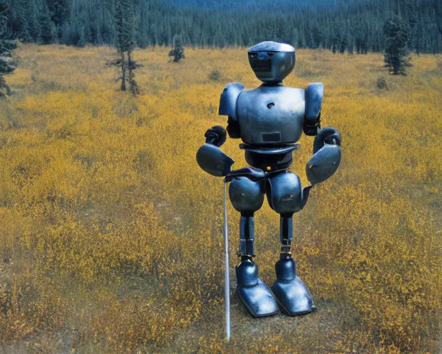 Image similar to middle shot, ancient greek robot warrior standing in front of altai forest with a sword, circa 1 9 8 4, detailed photo