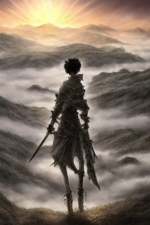 Image similar to Tonemapped warrior with lowered sword in the style of Kentaro Miura, with a landscape in the style of Wanderer above the Sea of Fog