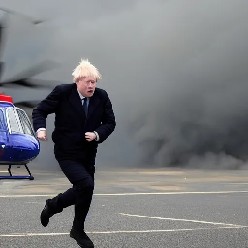 Prompt: helicopters and explosions in the background, cinematic shot of Boris Johnson running from the police