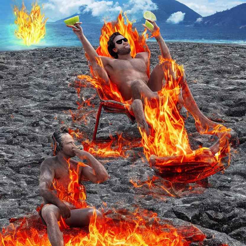 Prompt: Lucifer, laying in a beach chair on a lava beach in hell, drinking a Corona with lime, 4k, highly detailed, ultra realistic