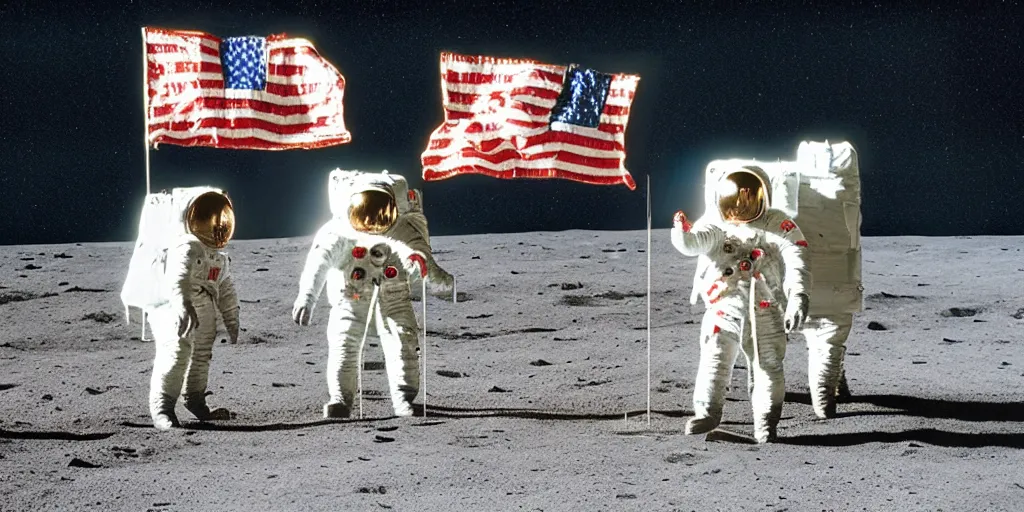 Prompt: colour photograph of the moon landing, urss astronauts with flag, spaceship, high resolution, very detailed