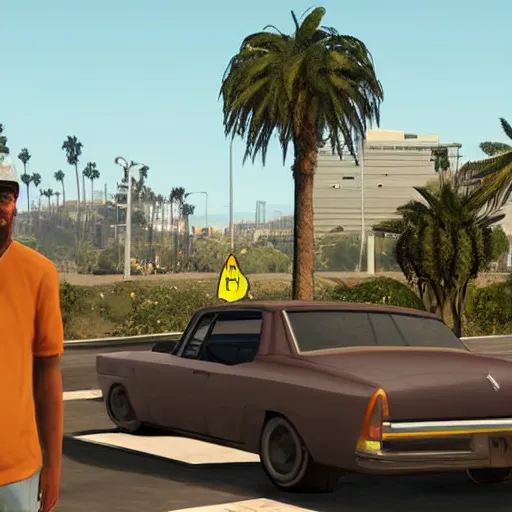 Image similar to Bill Murry in GTA V. Los Santos in the background, palm trees. In the art style of Stephen Bliss