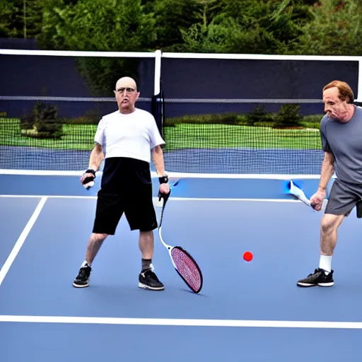 Image similar to walter white and saul goodman playing pickleball, ultra realistic, photorealistic, cinematic