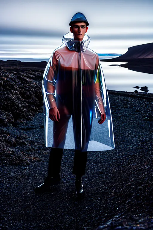 Image similar to an ultra high definition professional high fashion portrait studio full length photograph of a male model wearing a transparent pearlescent raincoat and neon visor in an icelandic black rock environment at dawn. no artefacts. extremely detailed. stark. refraction. shallow depth of field. volumetric light and shadow. ray tracing. light rays.