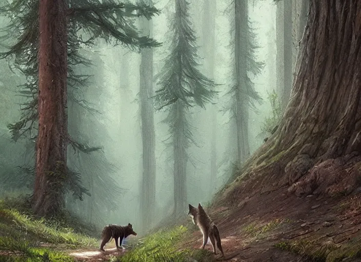 Image similar to a beautiful wolf on a pathway in a forest, lush trees, a fantasy digital painting by greg rutkowski and james gurney, trending on artstation, highly detailed